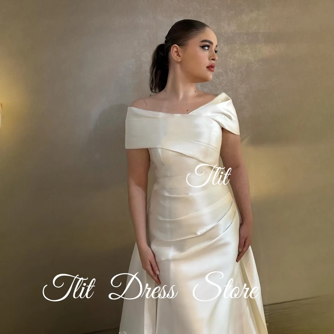 TLIT elegante blanco seda satén sirena vestidos de noche personalizado fuera del hombro Vestido flores barrido tren vestidos de graduación