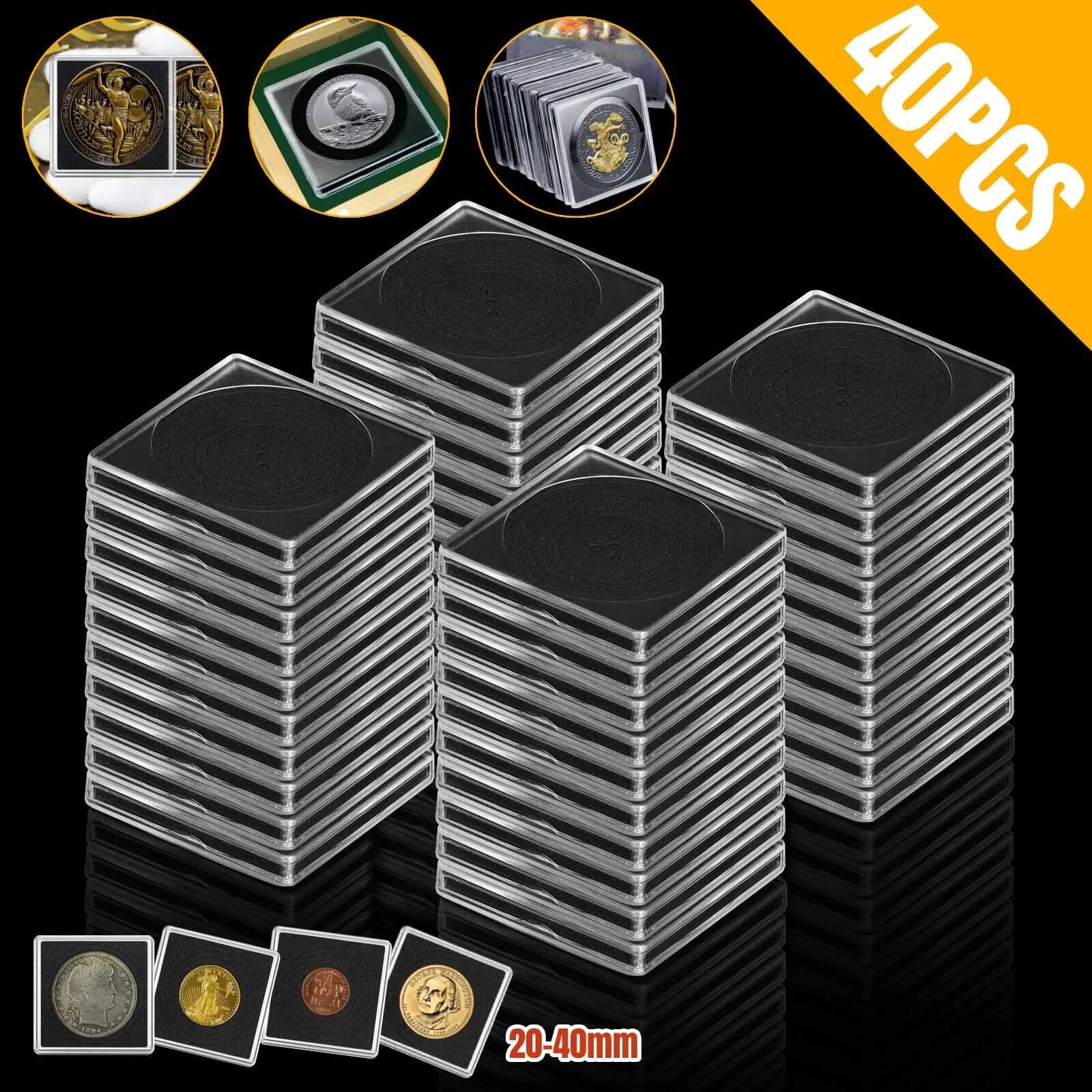 Caixa de Armazenamento para Cápsulas de Moedas 40 mm Porta-moedas com Junta de Esponja Ajustável Caixa de Coleta 40 Pcs