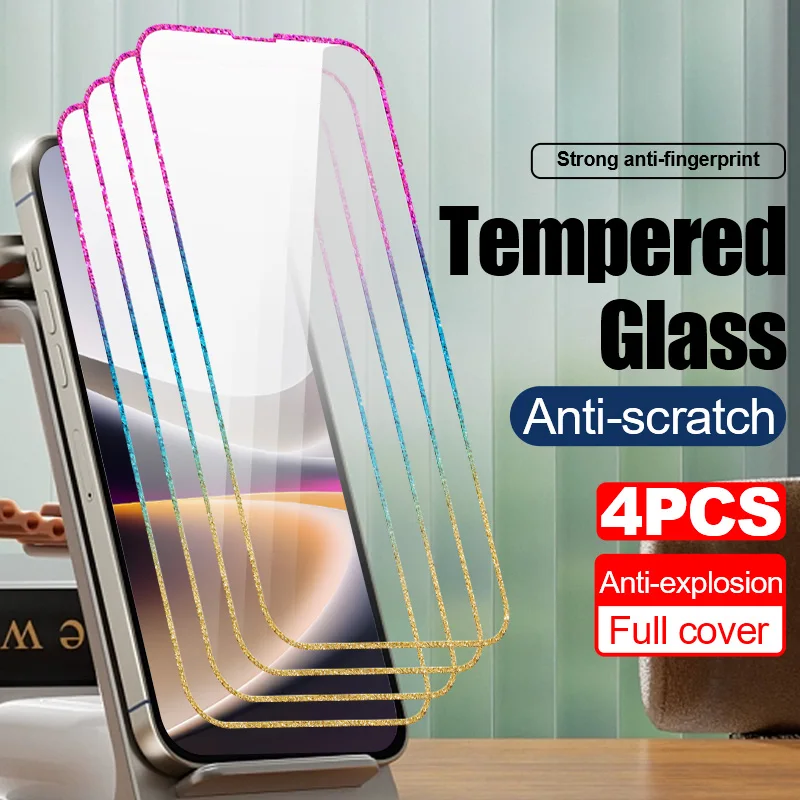 

4Pcs Protective Film Bling Border for IPhone 15 Plus 14 Pro Max Glitter Side Tempered Glass 13 Mini 12 Pro 11 Screen Protector