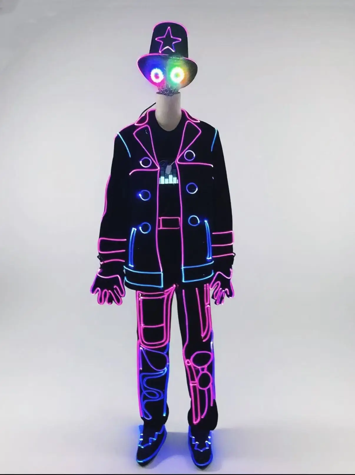 Unisex LED Neon Light-Up Cyberpunk Costume Suit with Glowing Jacket, Pants, Gloves, and Illuminated Face Mask Hat – Festival, Ra