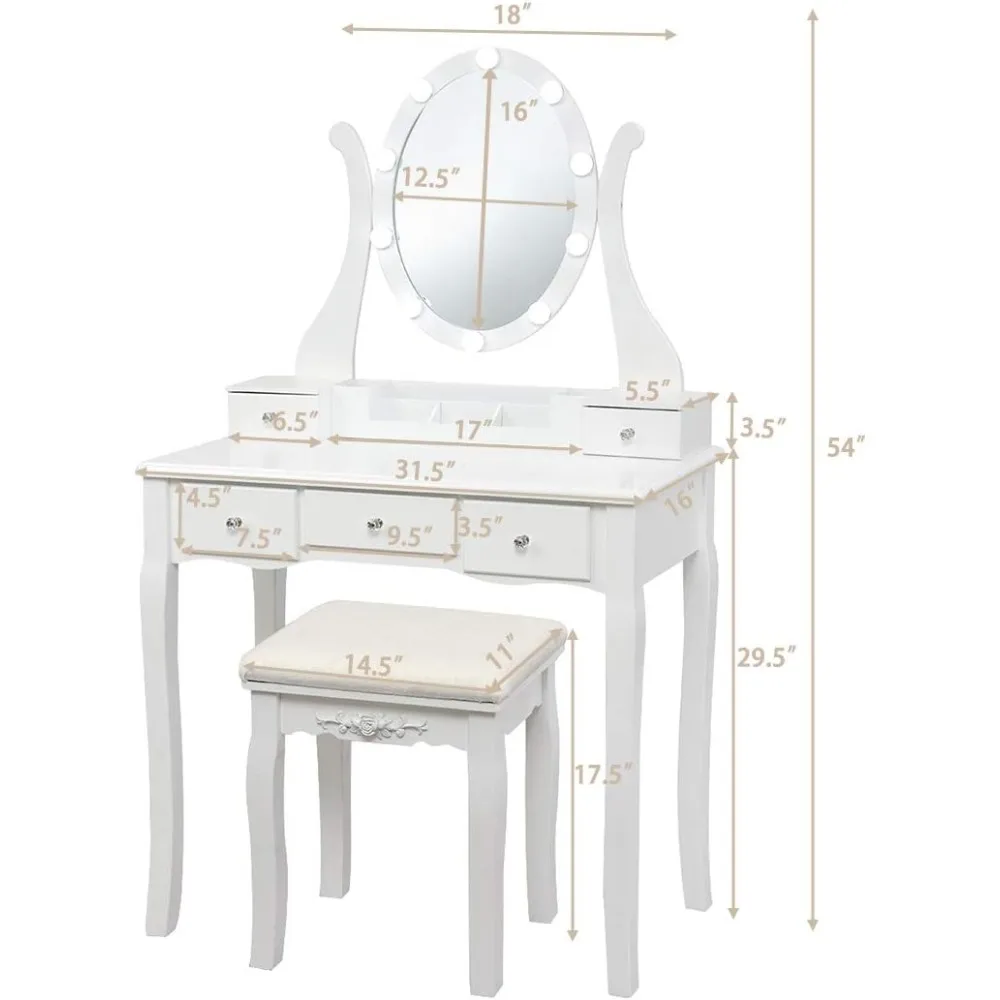 Makeup table with illuminated mirrors, 10 LED lights, adjustable brightness, 5 drawers, and removable storage compartment