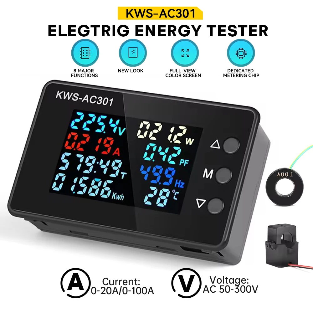 

KWS-AC301 Wattmeter Power Meter Voltmeter AC 50-300V Voltage 50-60HZ Power Analyzers LED AC Electricity Meter 0-20/100A Detector