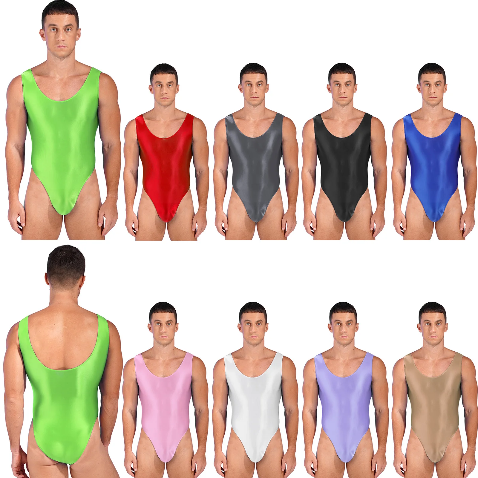 Men\'s One-piece Swimming Bodysuits Swimsuit Lingerie Teddies Bodysuit Glossy High Cut Leotard Sleeveless Backless Sport Jumpsuit