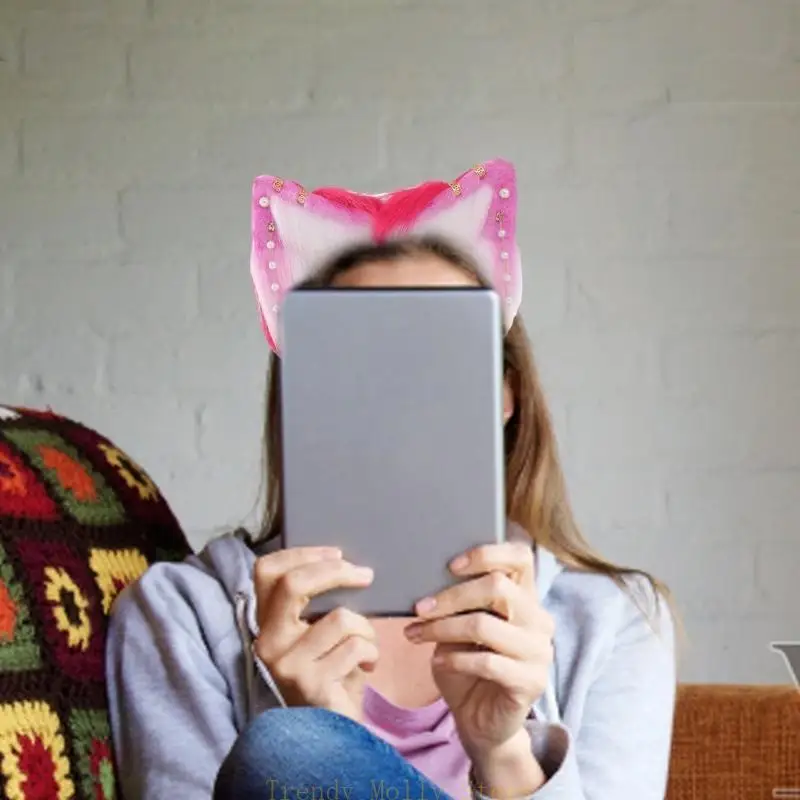 

N5KB Elastic Size Ear Hair Hoop with Pearl Earring Carnival Cosplay Party Plush Headband for Teenagers Adult