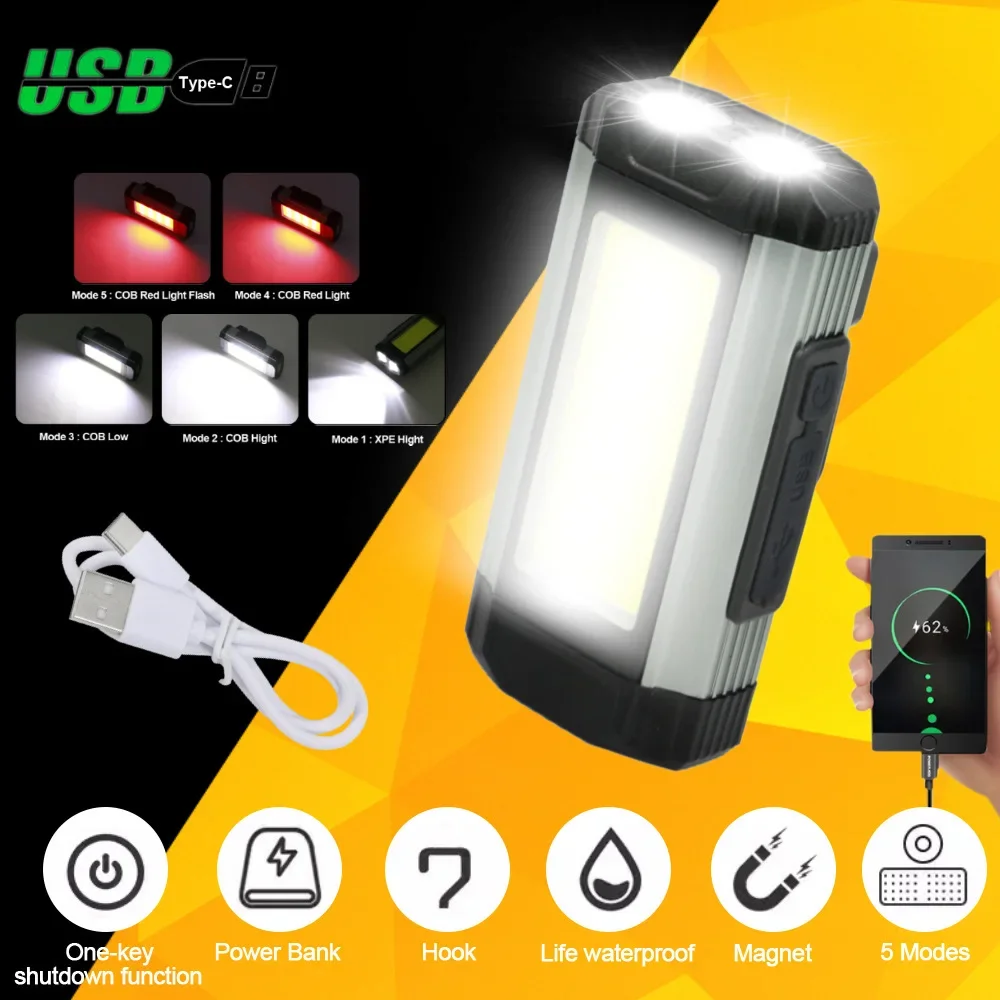 Lampe de travail COB magnétique, lampe de poche LED aste USB, lanterne portable, lampe de camping, lampe de fonction de banque d'alimentation de type C, 1 pièce, 2 pièces, 4 pièces