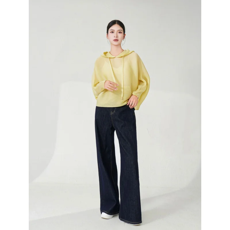 Miyake Pleated Sweatshirt Top for Women  Autumn New Loose Plus Size Casual Versatile Hooded Jacket [2574zsj-Z5088]