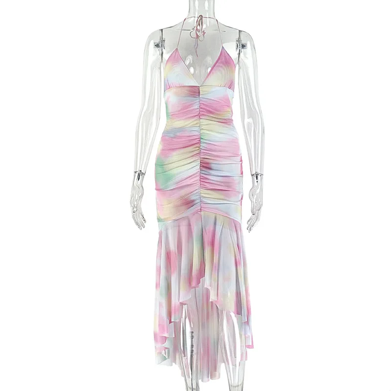 Elegante senhora tie dye impresso maxi vestido 2025 verão feminino halter sem costas bodycon sexy clube festa praia drapeado plissado vestidos