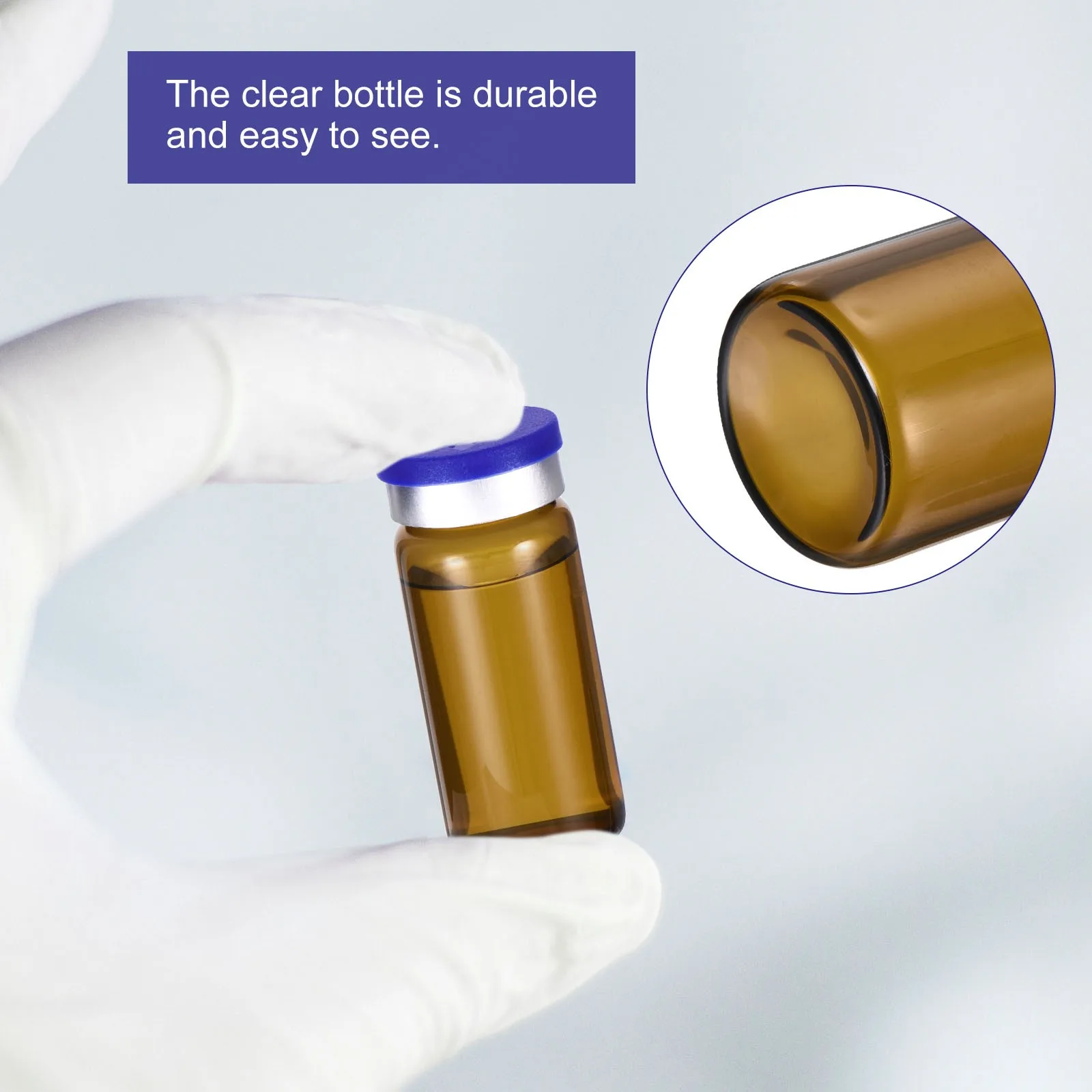 100 Stück 3/5/10ml Braunglasfläschchen mit Kunststoff-Aluminium-Flip-Verschlüssen und Gummistopfen für Laborflüssigkeiten – Detail 3