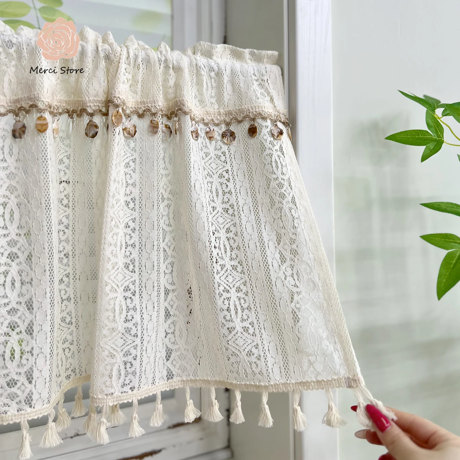

Elegant Ivory Short Curtain with Intricate Geometric Embroidery Adorable Seashell Decoration Delicate Fringe Trim Window Valance