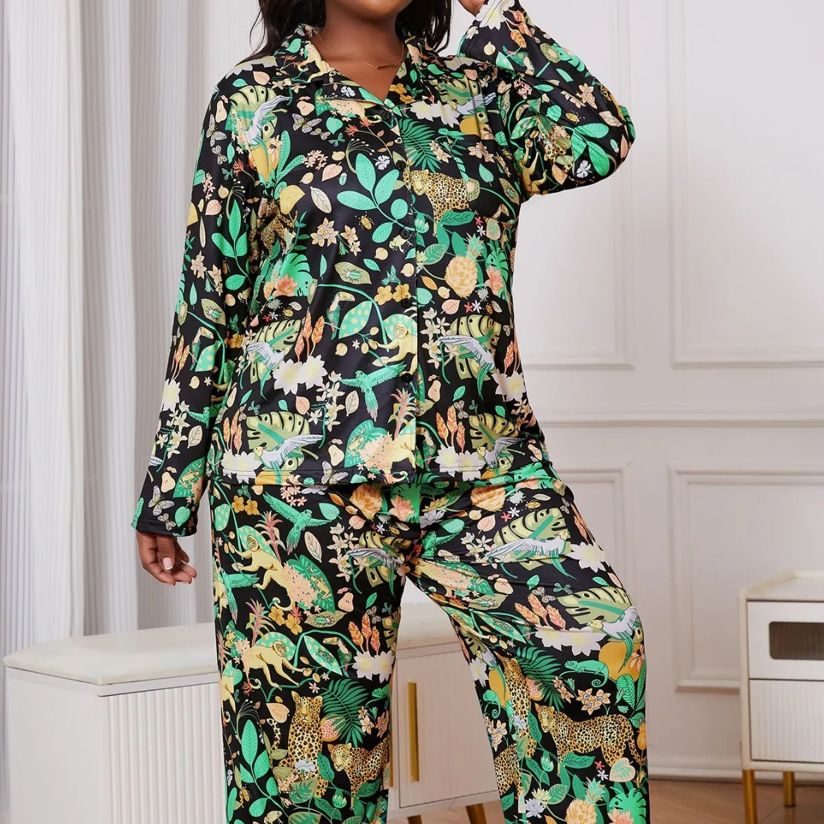 Big Size 3Xl 4Xl 5Xl Pajamas Set Women Print Tiger Shirt&pants Summer Autumn New 2Pcs Pjs Lady Milk Silk Home Clothing Nightwear