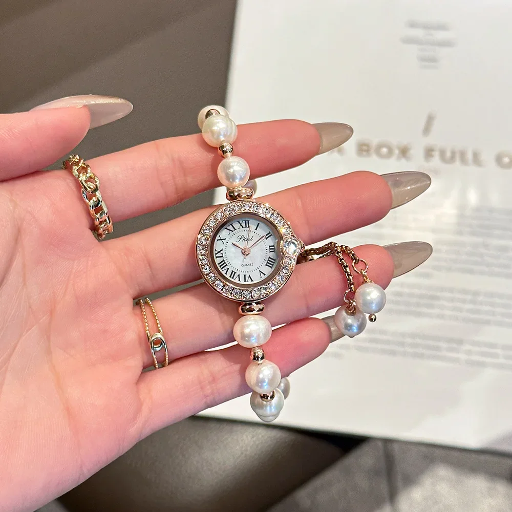 Pulseira de pérolas joias vintage 2024 relógio feminino de quartzo com movimento japonês incrustado com strass para luxo e moda