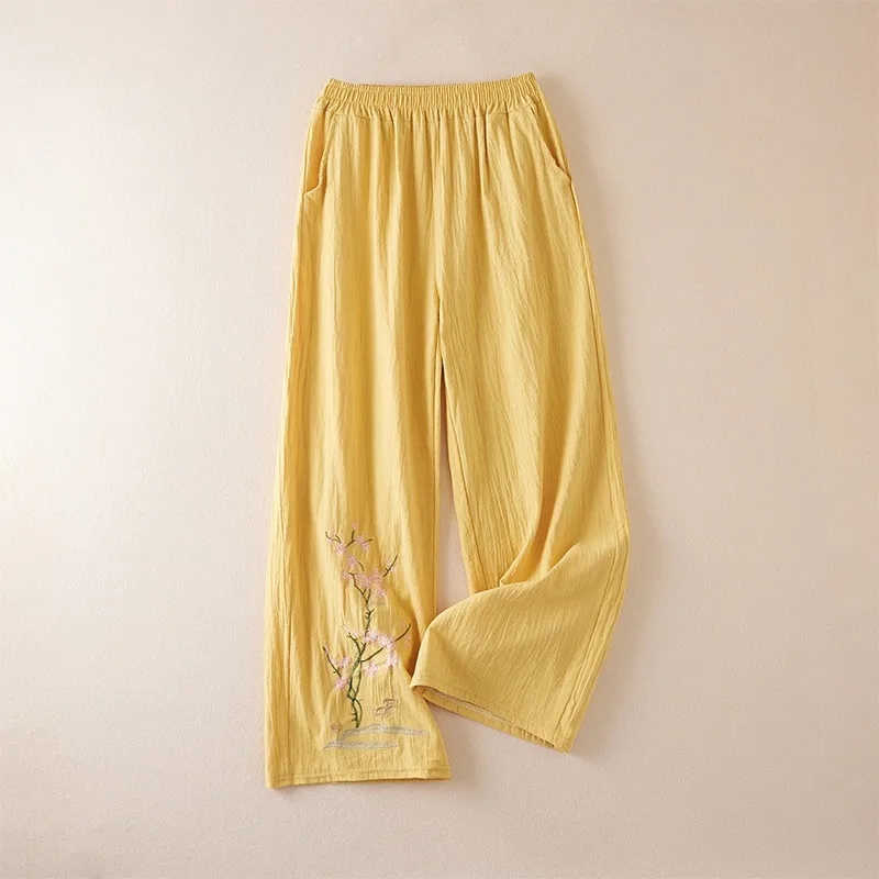 Große Baumwoll-Leinen-Hose, bestickt, weites Bein, lockere Passform, Sommer-Freizeithose für Damen, Retro-Stil, ethnisches Muster