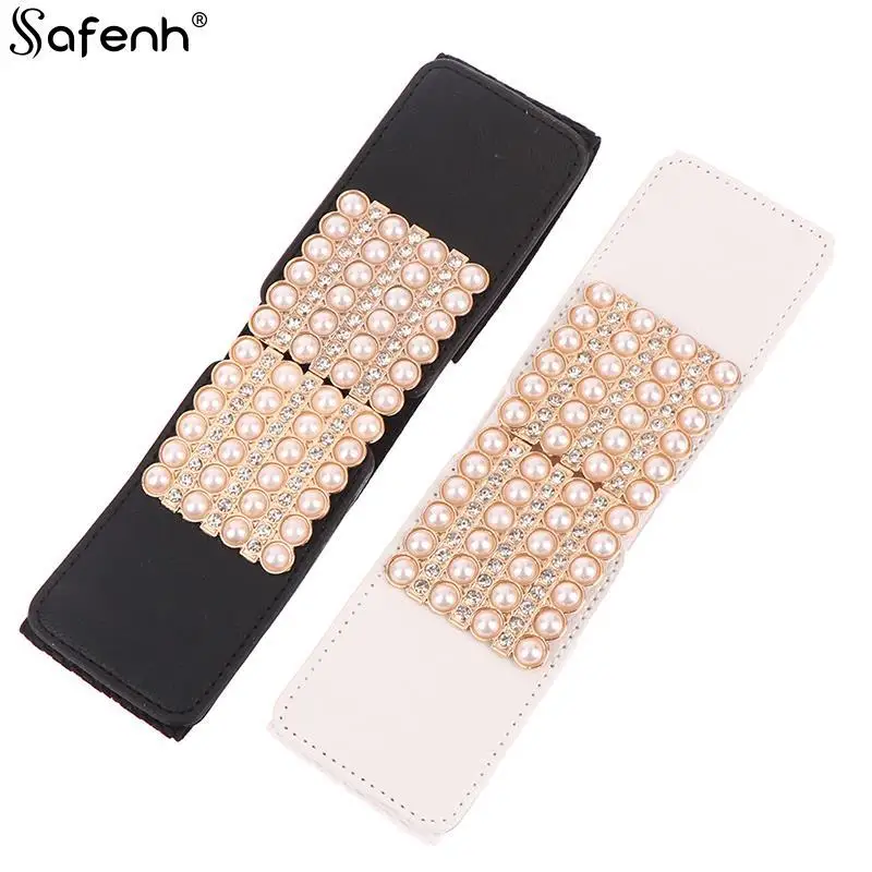 

1PCS Rhinestone Pearl Buckle Elegant Elastic Wide Waistband For Women Corset Cummerbunds Dress Shirt Belts riemen voor vrouwen