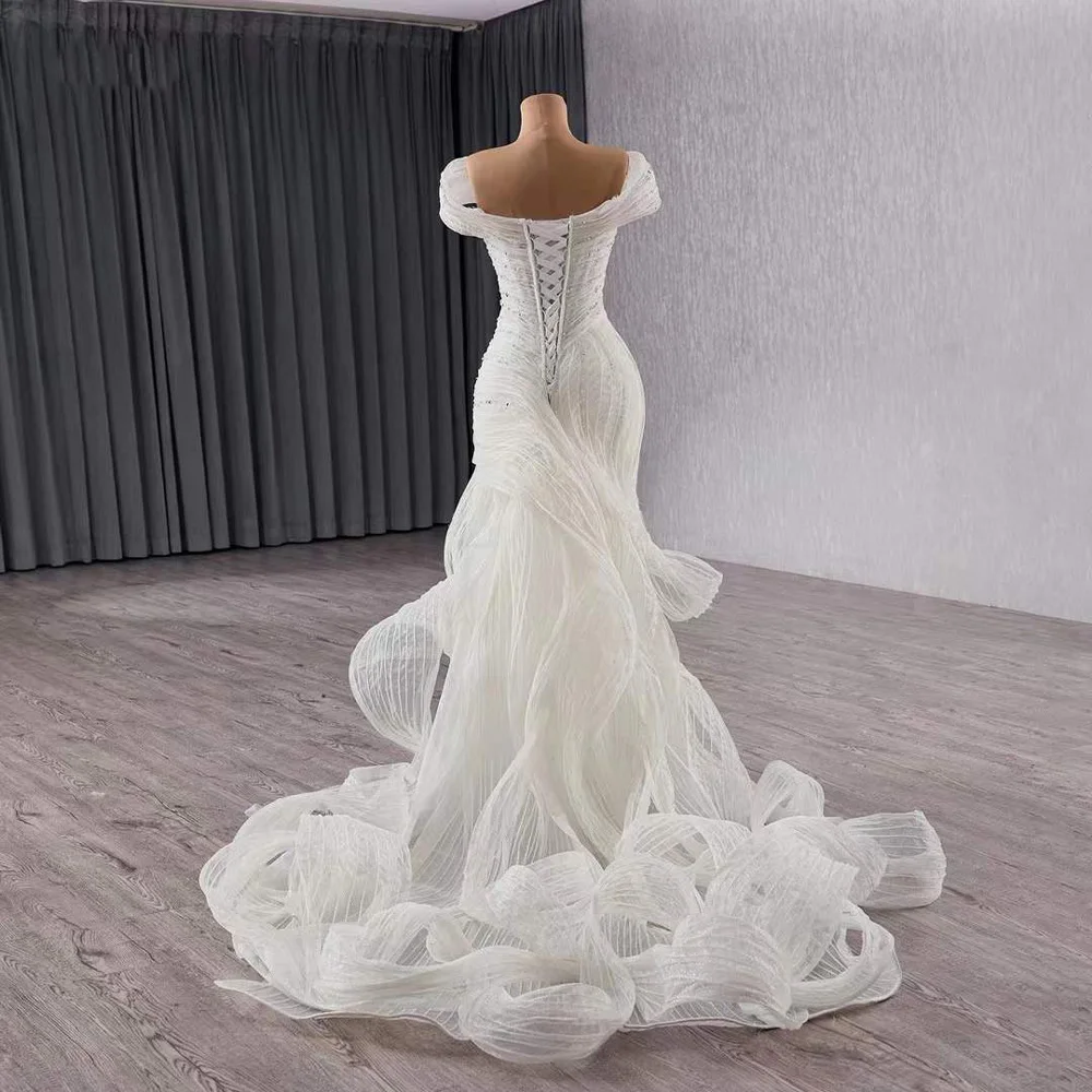 с iyoдебное плаokubя Vestido de novia con hombros descubiertos y escote en forma de corazón con cuentas y cordones en la espalda Vestido de novia sexy con volantes