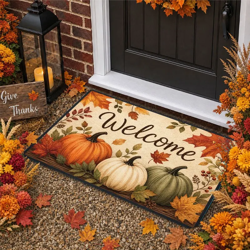 Pumpkin and Maple Leaf Printed Pattern Store Autumn Farmhouse-style Decorative Carpet area rug room decor