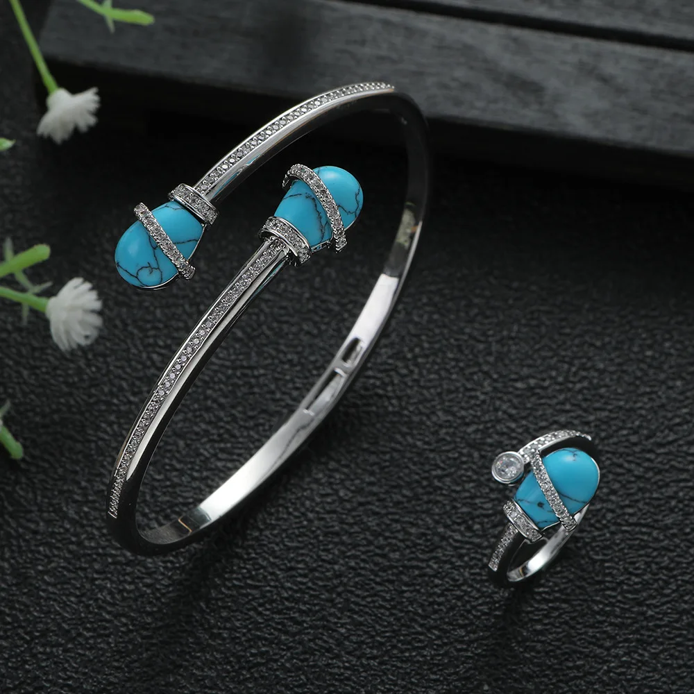 

New Trendy Jewelry Set For Women blue turquoise water drops Bangle Ring Simple Style Fashion Accessories Party Gift Holiday