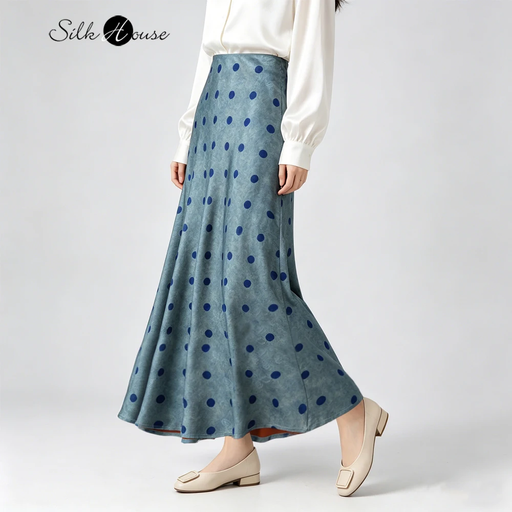 Women's Fashion Summer New Big Swing 100% Natural Mulberry Silk Gambiered Guangdong Gauze Oblique Cut Dot Printed Mermaid Skirt