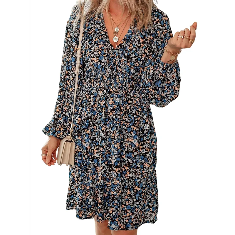 FX-Fall Dresses For Women Boho Floral V Neck Long Sleeve Smocked Elastic Waist Casual A-Line Mini Dress Sundress