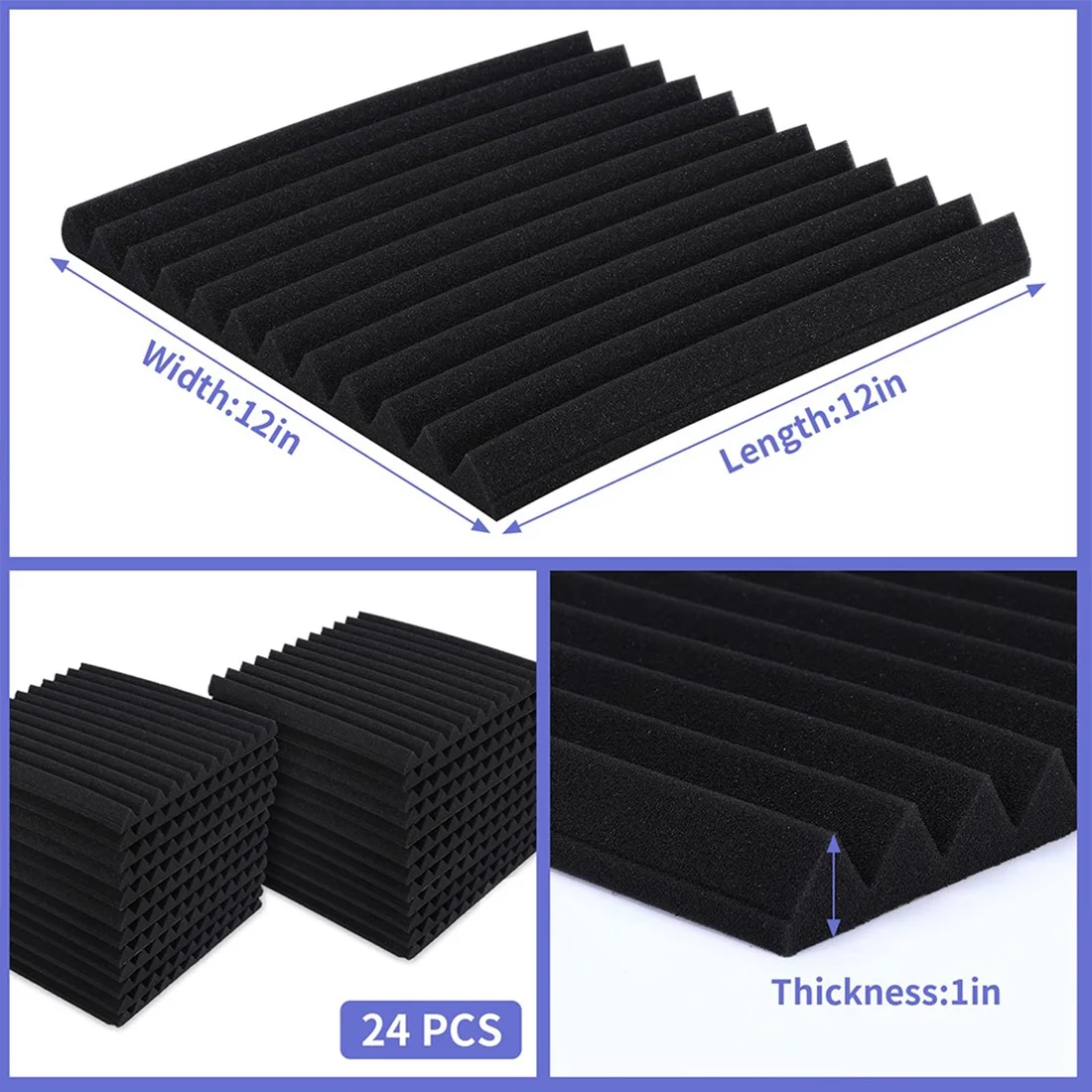 24 Pack Acoustic Foam Panels Soundproof Studio Foam Acoustic Treatment Foam Sound Insulation Panels Wedge for