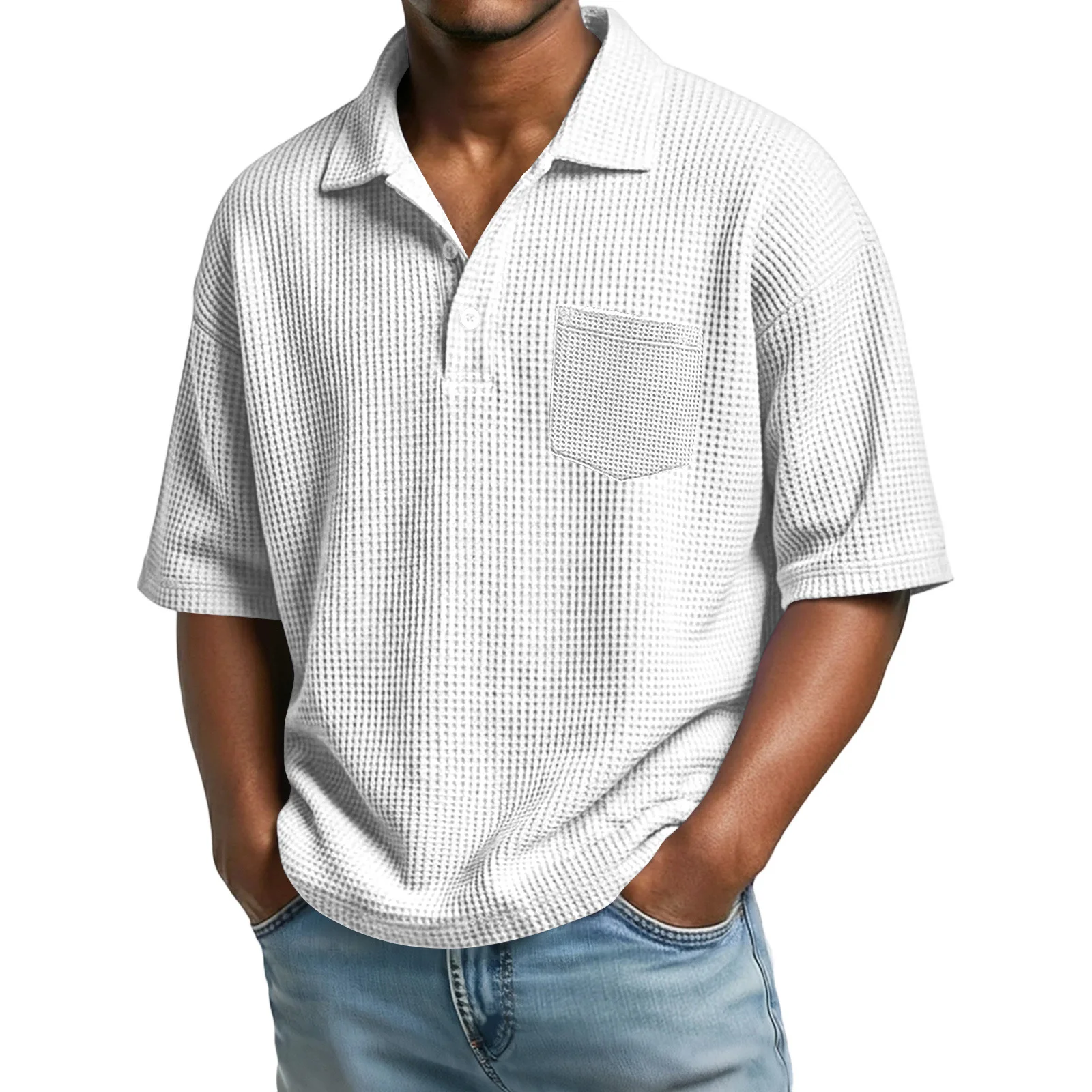 Spring and Summer Men's Waffle Solid Color Short-sleeved Lapel Polo Shirt Fashionable Casual Simple