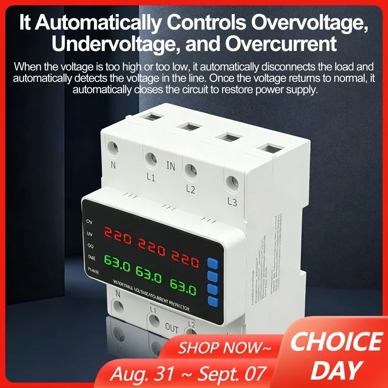 100A/63A 3-Phase 4-Wire Adjustable Voltage Current Protector Over Undervoltage Overcurrent Protection Relay with LED Display