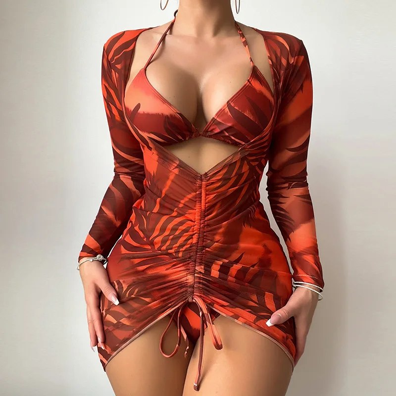 Bikini Set With Long Sleeve Dress Halter Triangle Bikini Swimsuit Women Leaf Print Swimwear 3 Piece Bather Bathing Suit Swim