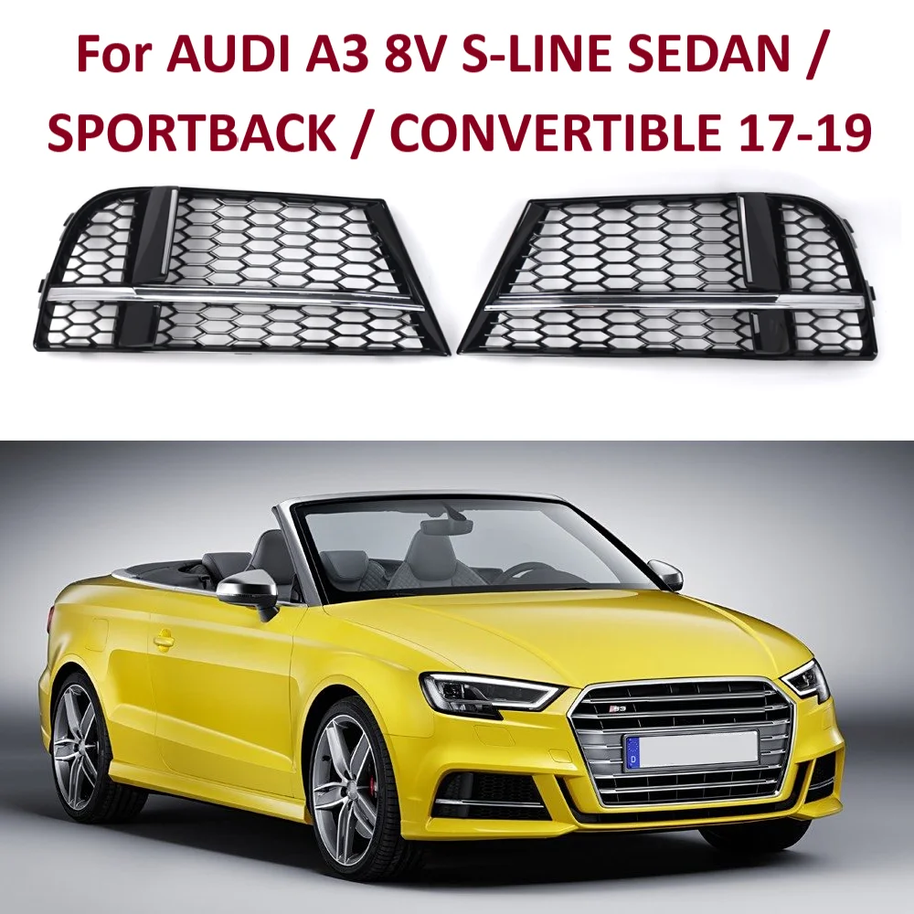 

For AUDI A3 8V S-LINE SEDAN SPORTBACK CONVERTIBLE 17-19 Chrome&Black Honeycomb Fog Light Bezel Grill Front Bumper Grille Cover