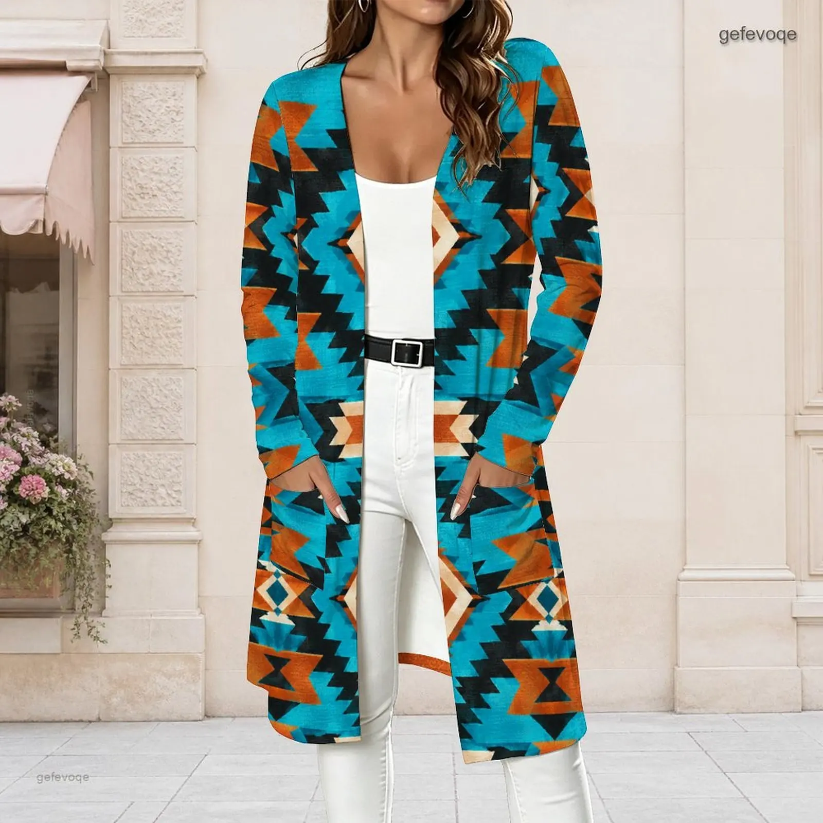 Women Cream Base Abstract Geometric Leaf Print Open Front Long Sleeve Longline Cardigan