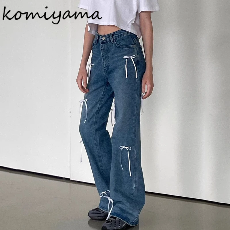 Bow Patchwork  Jeans Wide Leg Pantalones Mujer High Waist Women Denim Straight Pants Korean Ropa Mujer Spring Womens Clothing