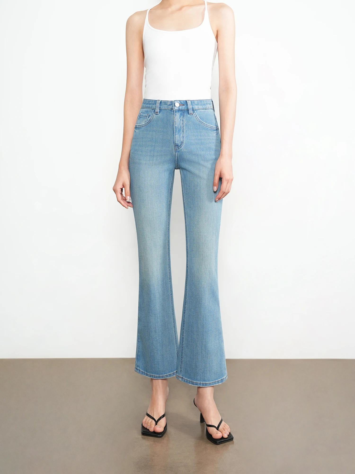 

Slim Fit High Waist Bell Bottom Jeans Women's Four Way Stretch Casual Cotton Blend Bootcut Pants Tummy Control Light Blue