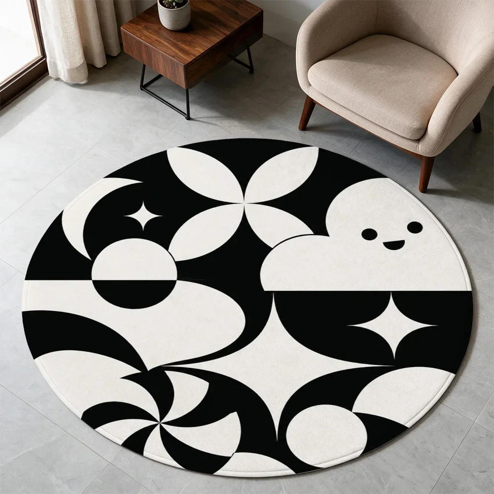 Modern Abstract Black and White Round Area Rug Geometric Pattern Living Room Decor Soft Floor Mat