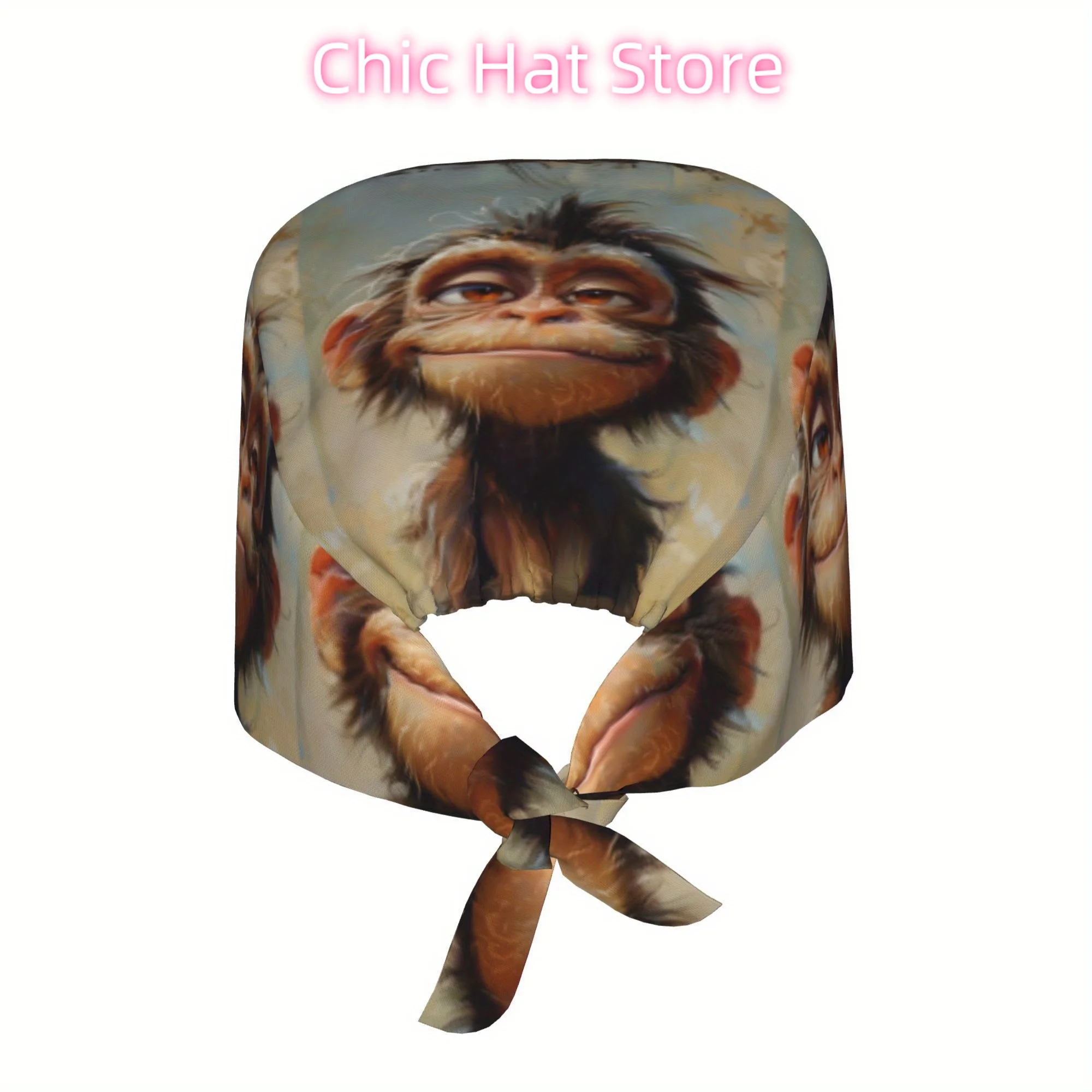 1pc of Cartoon Monkey Unisex Stylish Printed Work Cap - Lightweight Adjustable Skull Cap with Tie-Back, Suitable for Nurses, Dus