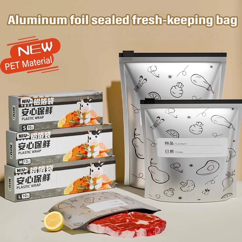 Bolsa de aluminio con cierre hermético para conservar alimentos, bolsas reutilizables para congelador, bolsa de almacenamiento a prueba de fugas para verduras y frutas, 10 Uds.