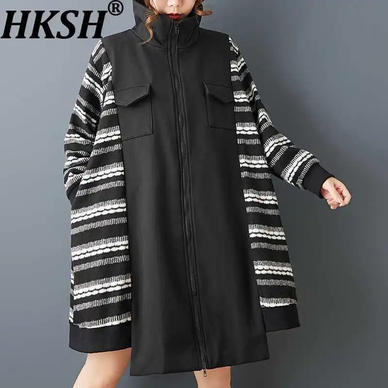 

HKSH весенне-осенняя новая женская куртка в полоску в стиле пэчворк с воротником-стойкой на молнии с неровным подолом модное элегантное пальто большого размера HK16162