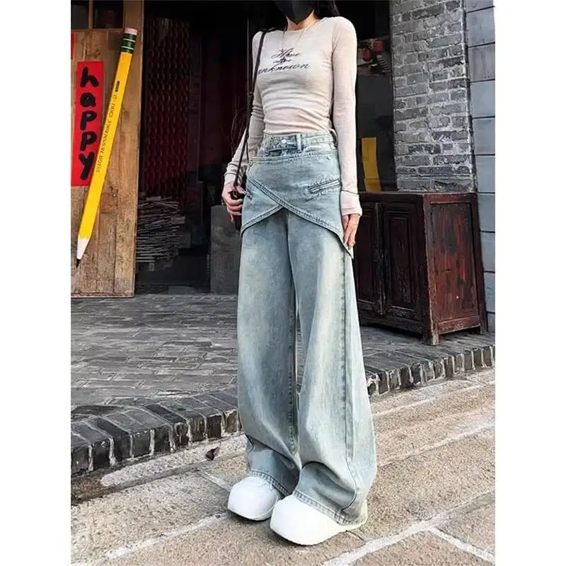 

Джинсы с прямыми штанинами из двух предметов в стиле пэчворк, женские новые демонстрационные шикарные джинсовые брюки Y K, модные широкие брюки High Street