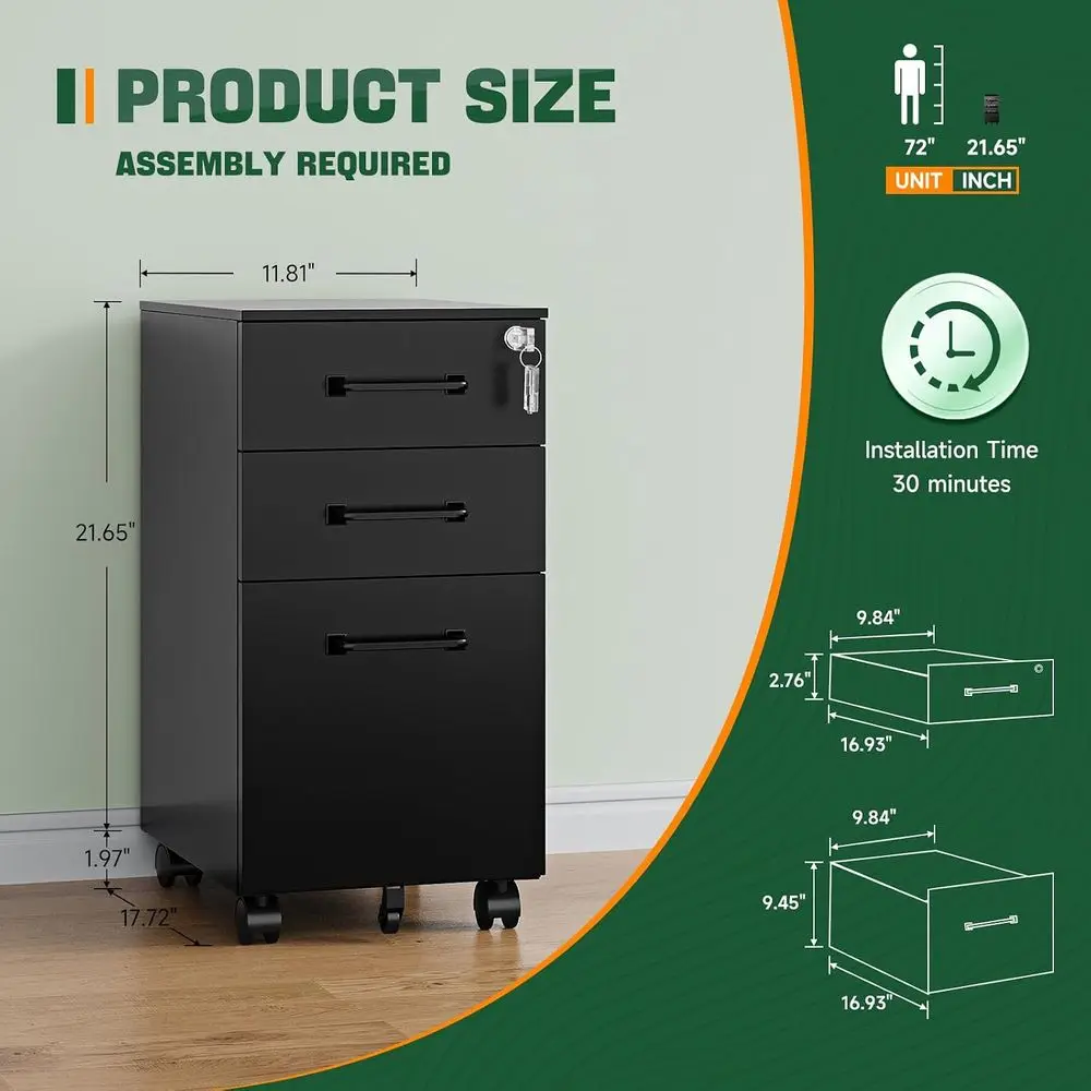 Under Desk Metal Filing Cabinet with Lock, Rolling Printer Stand for Letters/Legal/A4 Sizes (Assembly Required), Black