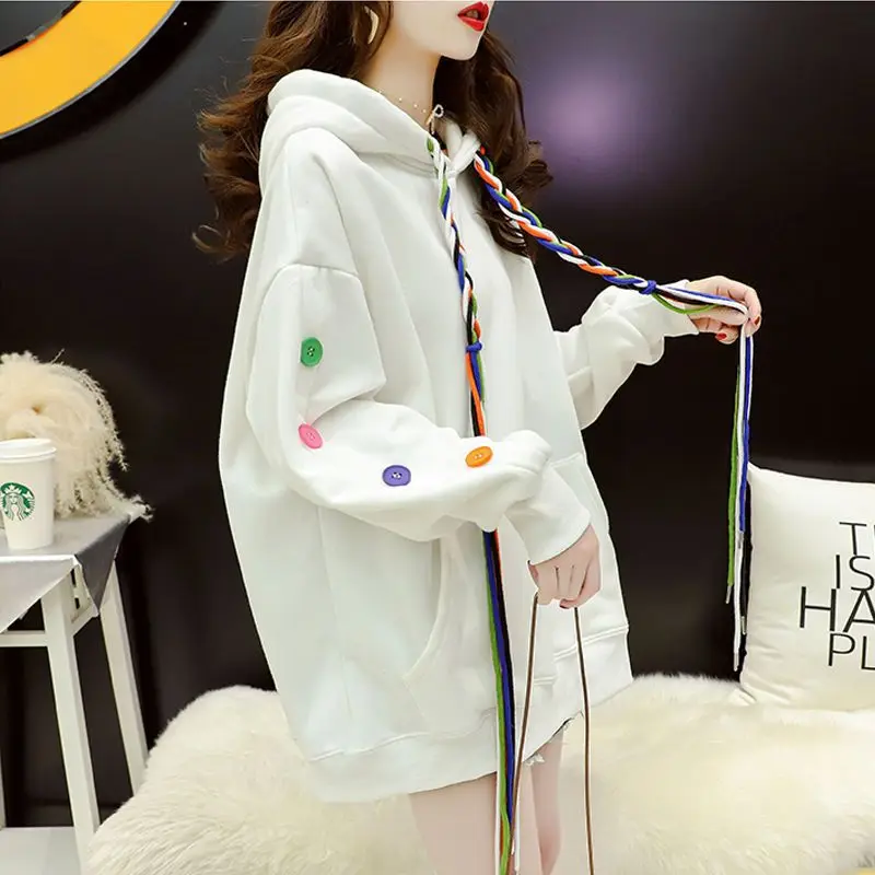 Women Clothing Korean Fashion Sweet Chic Buttons Design Oversize Hoodie Casual Streetwear Y2K Harajuku Fleece Hooded Sweatshirts