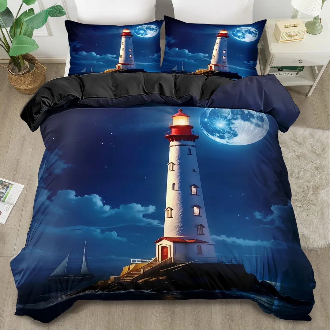 

Lighthouse Bedding Set Blue Duvet Set Nautical Quilt Cover Bedroom Decor Guest Room 2/3pcs 2D Ocean Graphic Print