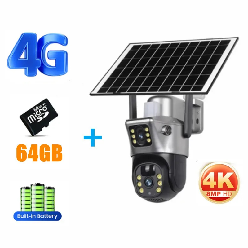 Tahlitech Solar Camera 4G Sim Outdoor Dual Lens WiFi 8MP 4K IP Camara Zonnepaneel CCTV Beveiliging Ingebouwde batterij PIR Cam V380