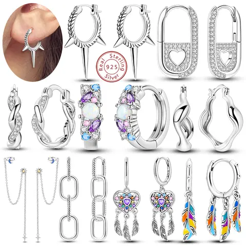 Kolczyki koła ze srebra próby 925 z zawieszkami w kształcie słońca, księżyca, frędzli, łapacza snów i piór, z cyrkoniami, dla kobiet i dziewcząt, biżuteria na prezent.