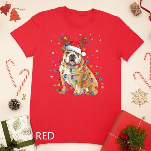 English Bulldog Christmas Reindeer Santa Hat Funny Dog Lover Unisex T-shirt