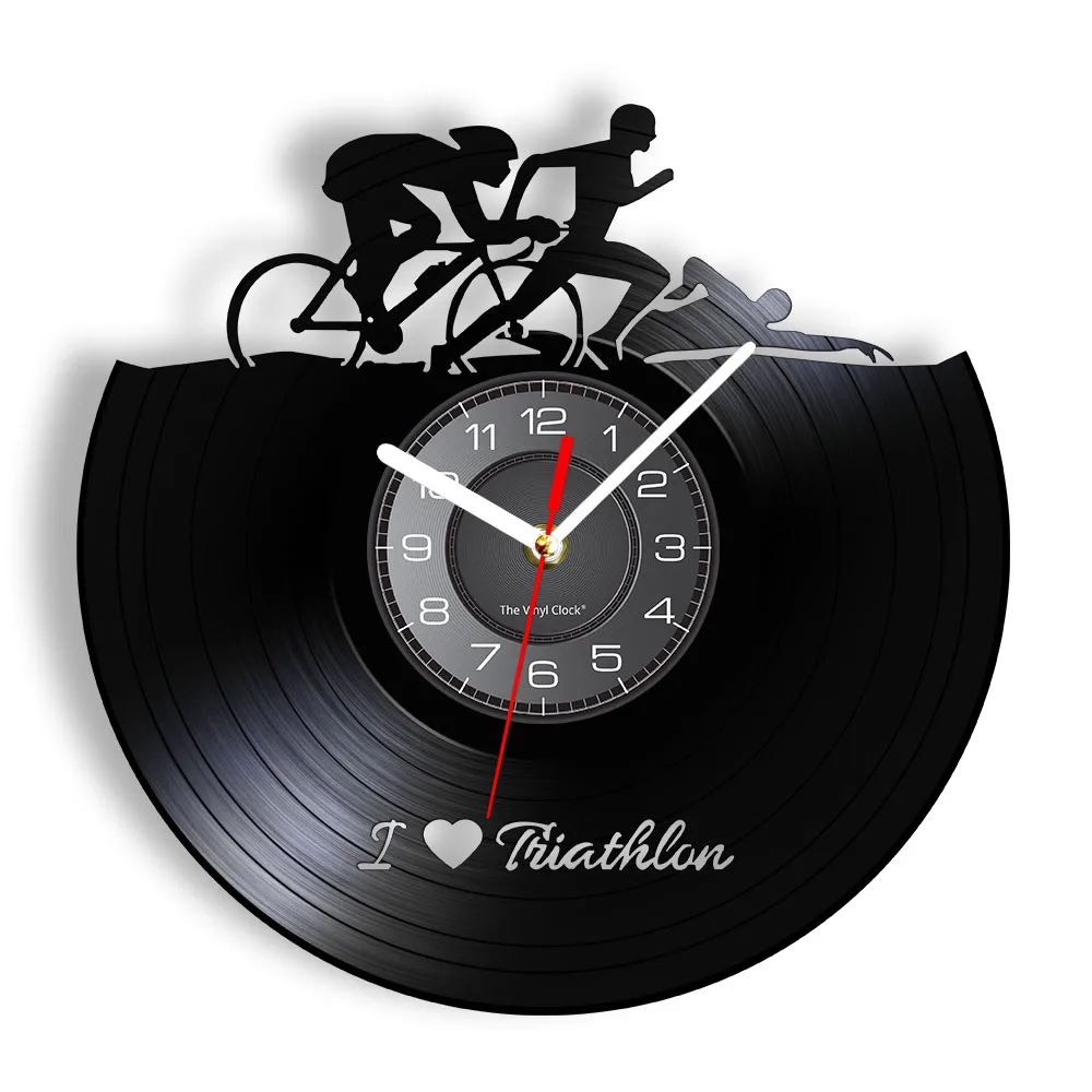 Sports Swimming Running Cycling Vinyl Record Clock Handmade Sports Lovers Gifts Vintage Athlete Home Decor Triathlon Wall Clock