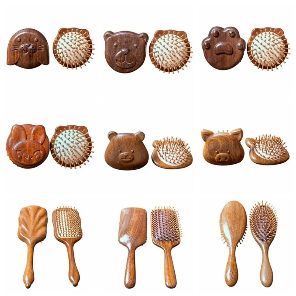 Wood Air Cushion Hair Comb Anti Static Handmade Cute Cat Face Brush Nose Massage Traditional Crafts Mini Travel Hair Brush Women