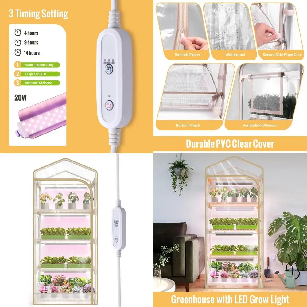 

4-Tier Indoor Greenhouse with 20W Full Spectrum Light, Timer, Ventilation, and Bottom Pocket, 27L x 19W x 63H