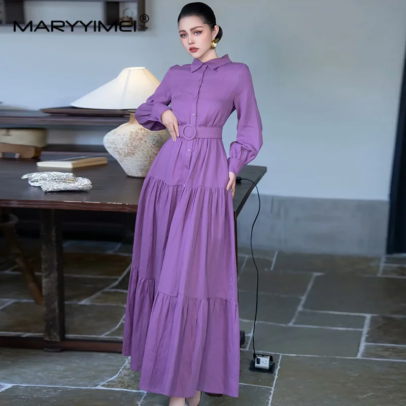 MARYYIMEI  Autumn Winter New Style Vintage Designer Women\'s Dress Turn-Down Collar Single-Breasted Lace-Up Linen Dresses