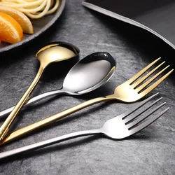 Korean Long Handle Stainless Steel Cutlery Sets Spoon Fork Buffet Golden Table Dinner Serving Tools Kitchenware