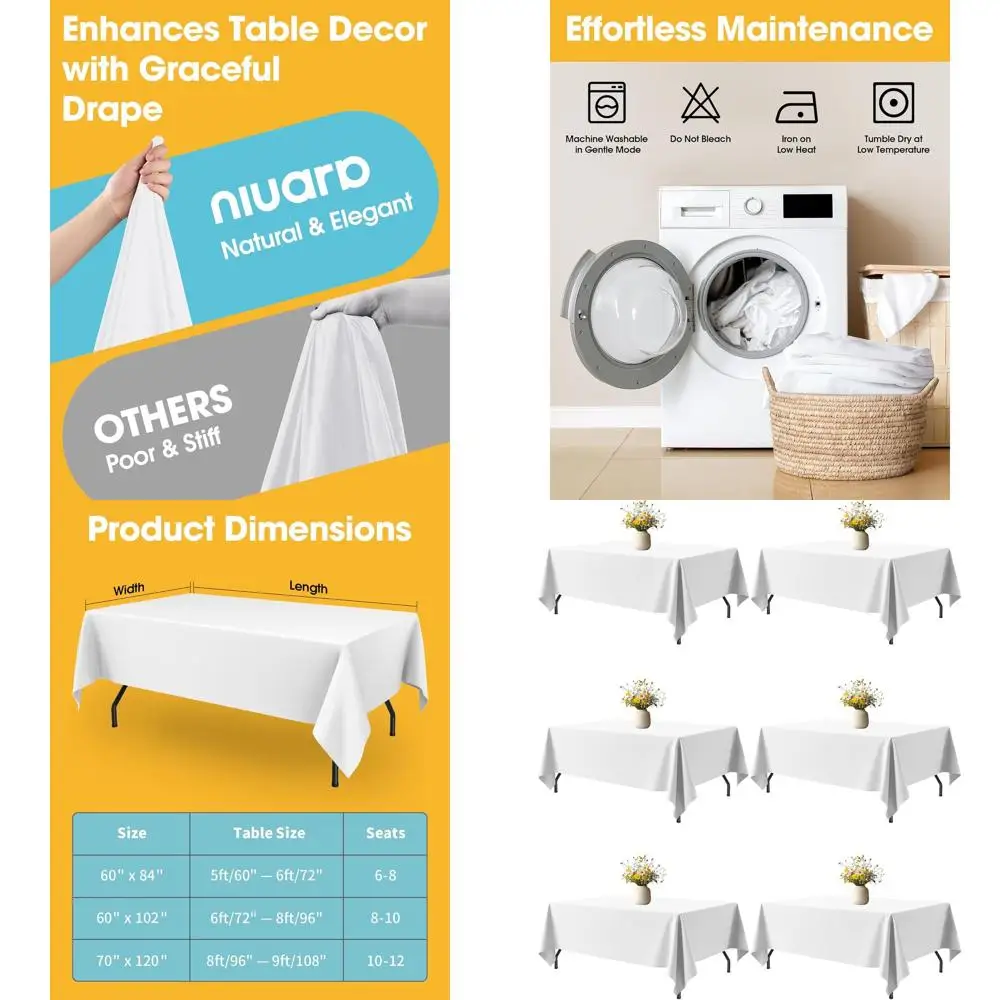 

6-Pack 60x102 Inch Washable Fabric Tablecloths for 5FT Tables, Wrinkle and Heat Resistant Covers for Weddings, Dinners, and Part