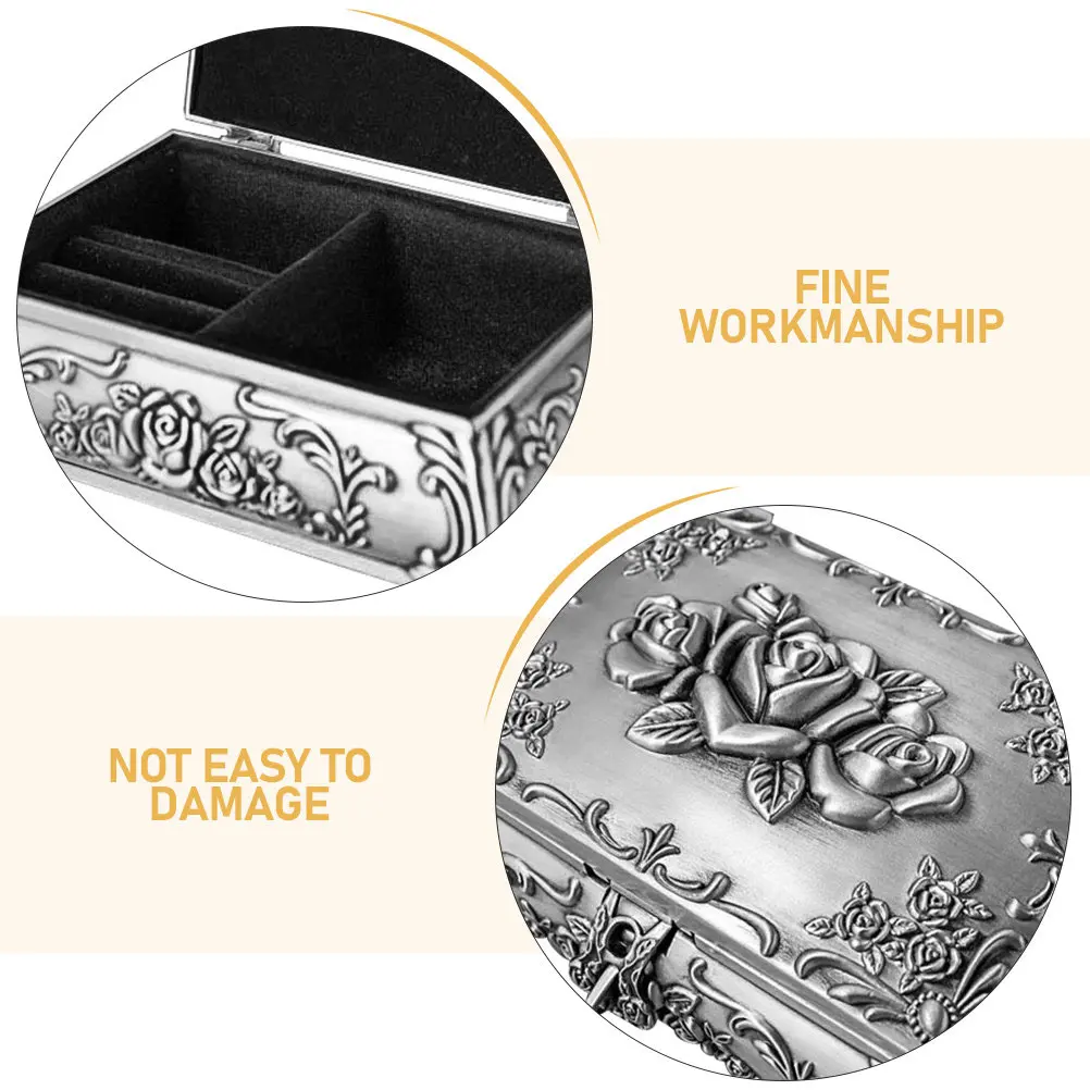 Rectangle Vintage Metal Jewelry Box Silver Zinc Alloy Embossed Rose Design Secure Latch Lockable Rings Necklace