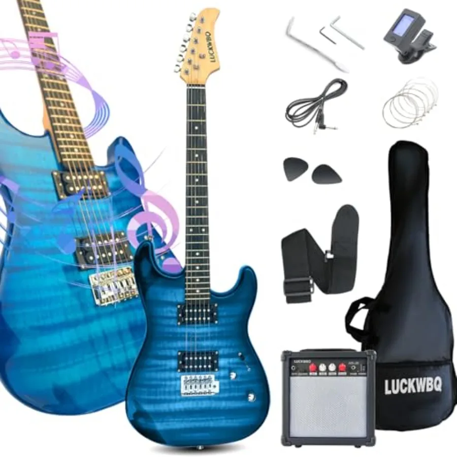 

39 Full Size ST Style Electric Guitar Starter Kit with HH Pickup 20W Portable Amp Blue Flame Guitar Case Tuner Strap Accessorie