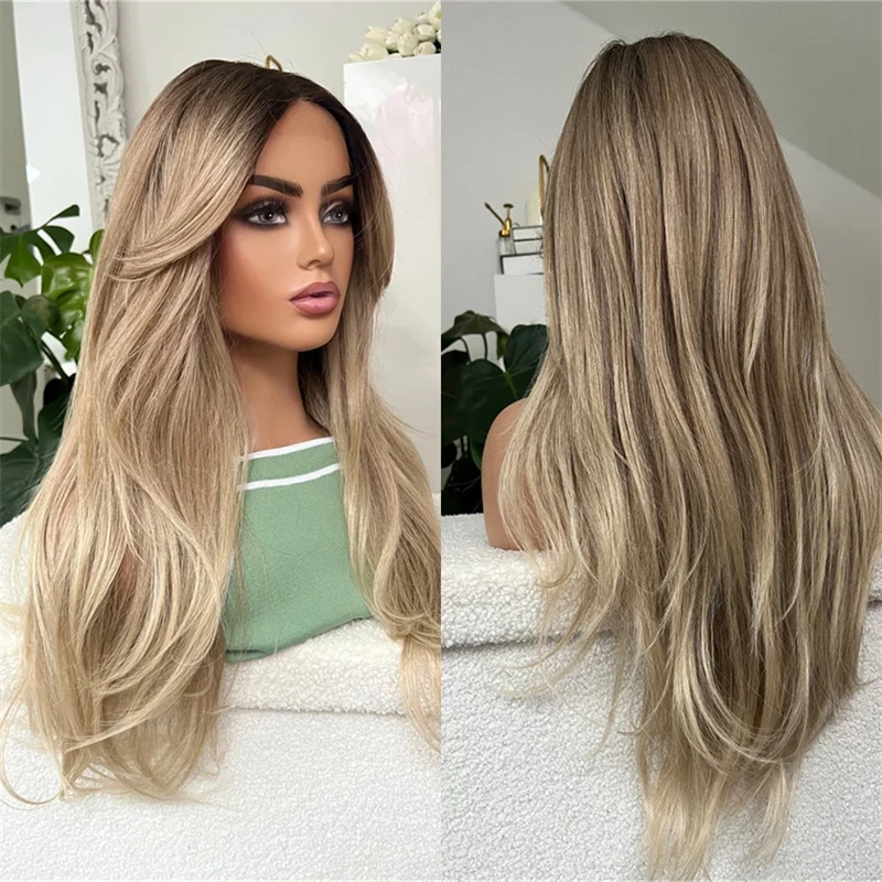 Natural Glueless Wig for Women Ombre Brown Blonde Balayage Highlights Synthetic Wig Soft HD  Lace Front Wig Preplucked Hairline
